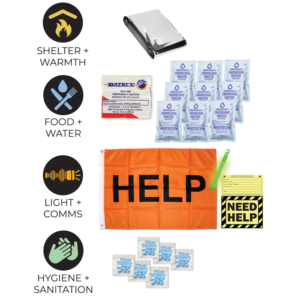 Components of  Portable 72 hour urban survival kit for civil unrest and disaster preparedness. 
