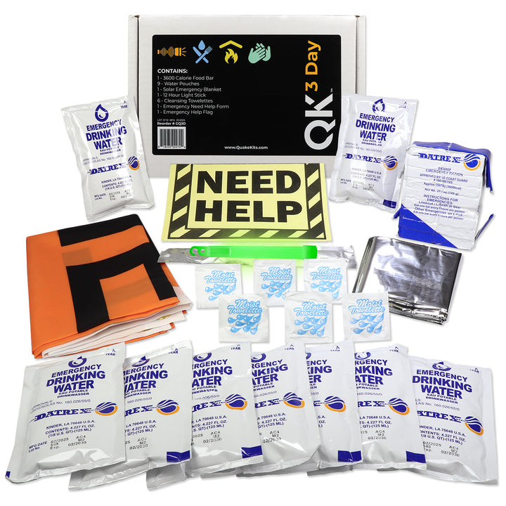 Emergency bug out kit for urban survival and domestic unrest. Survival kit with food, water pouches, mylar solar blanket. 