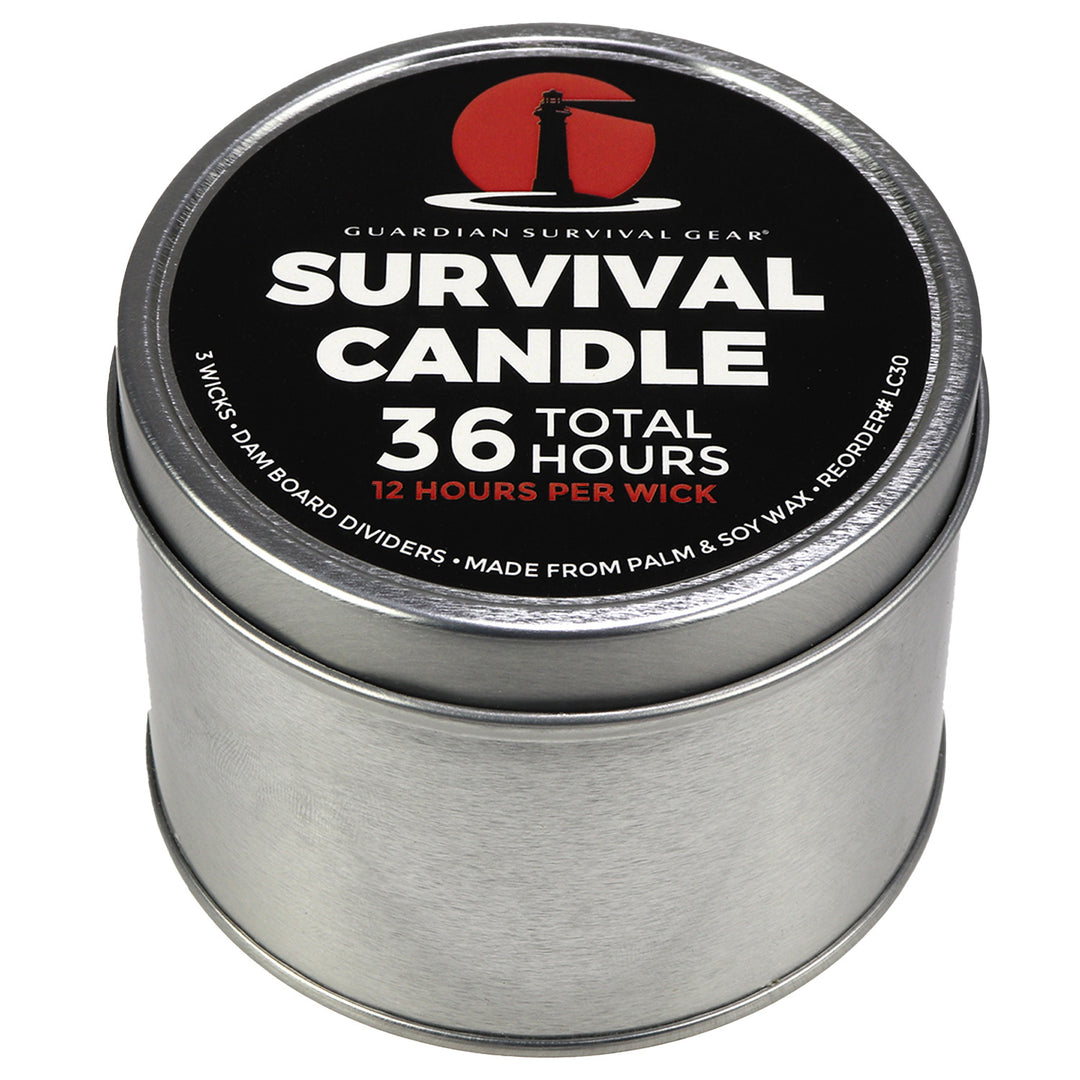 3-wick survival candle providing 36 hours of light for emergency preparedness during power outages or civil unrest