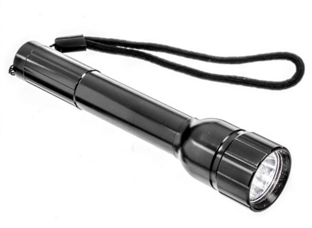 Black aluminum ultra bright flashlight. Heavy duty flashlight. Survival flashlight. 