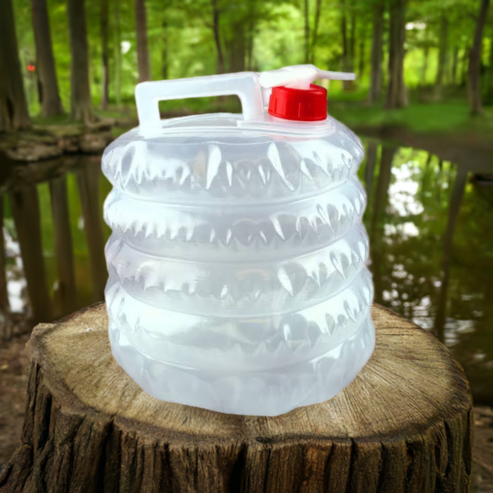 Portable water carrier with nozzle for camping and disaster preparedness. Collapsible water carrier. 