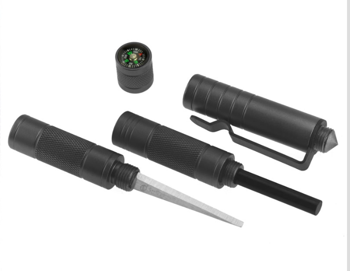 Compact 5-in-1 survival tool with compass, fire starter, and whistle, useful for emergency preparedness during natural disasters or civil unrest.