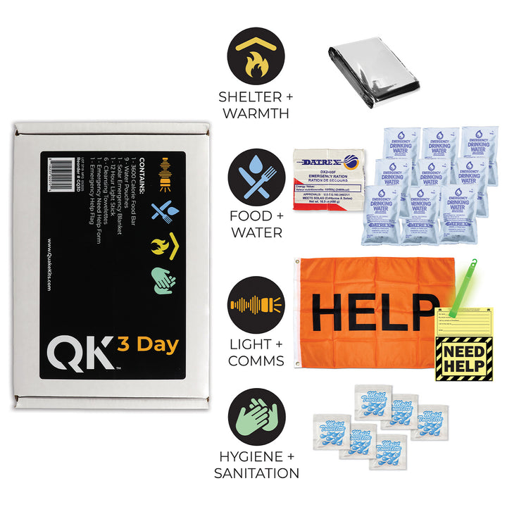 1 Person 3 day urban survival kit. Emergency food and water with help flag and survival supplies. 