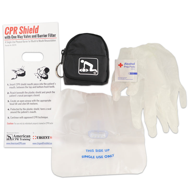 CPR Black Beltloop Keychain Backpack with Faceshield, Gloves, and Cleansing Wipes