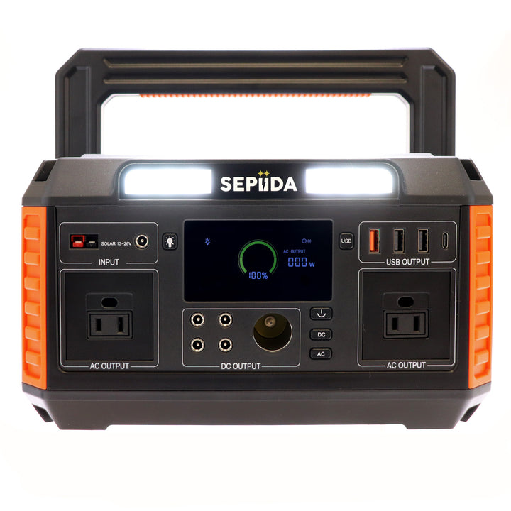 Sepiida black and orange power station with ultra bright lights for power outages and blackouts. 