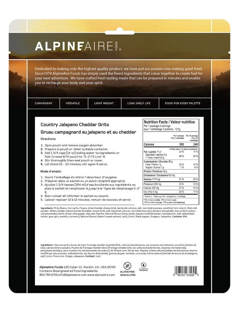 ALpineAire country cheddar grits cook in pouch meal 