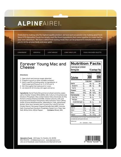 AlpineAire Forever Young Mac and Cheese Cook  in the pouch meal nutrition facts