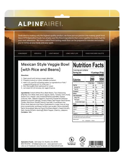 AlpineAire Mexican Style Veggie Bowl Cook in the Pouch meal nutrition facts