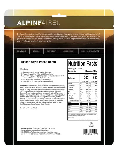 AlpineAire Tuscan Style Pasta Roma Cook in the Pouch Meal Nutrition Facts
