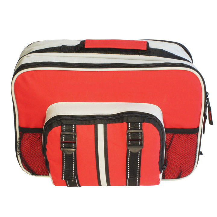 Durable Underseat Dual Sided Auto Bag in red with black and white accents for vehicle storage and organization.