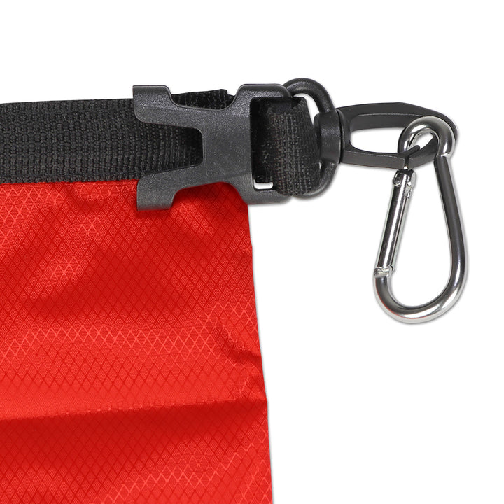 Closeup of metal carabiner on waterproof drybag 