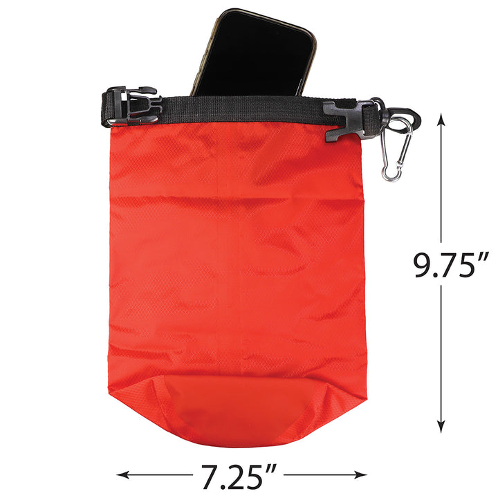 7.25" x 9.75" mini drybag with cellphone in bag staying dry. 