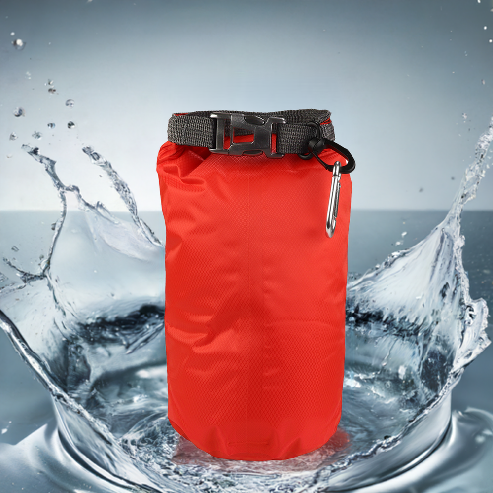 Waterproof dry bag splashing in water in "Ready for anything" red. 