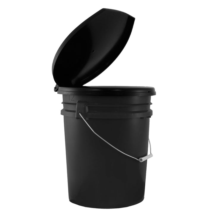 Black bucket Port-a-potty with open lid on a white background. Emergency toilet