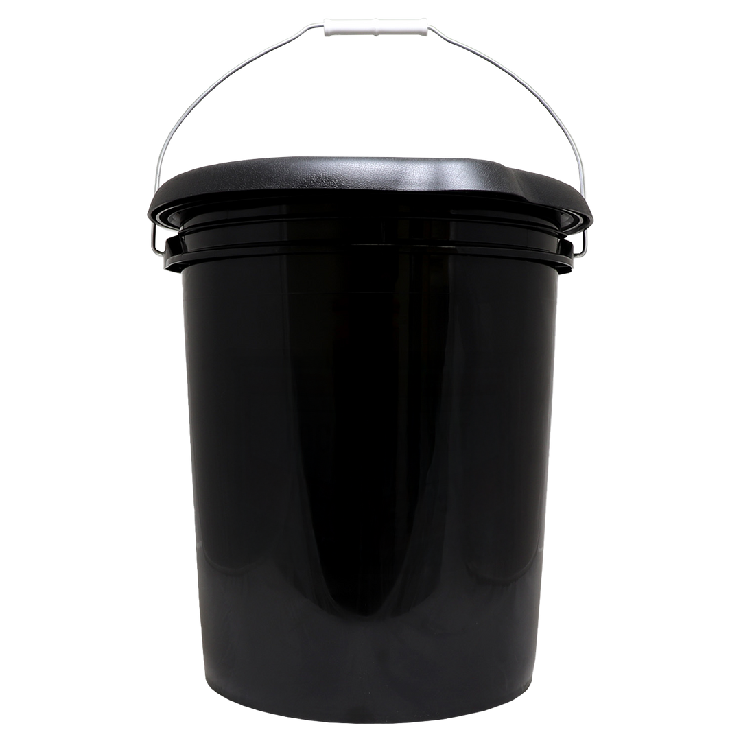 Black bucket camping toilet bucket with a handle on a white background