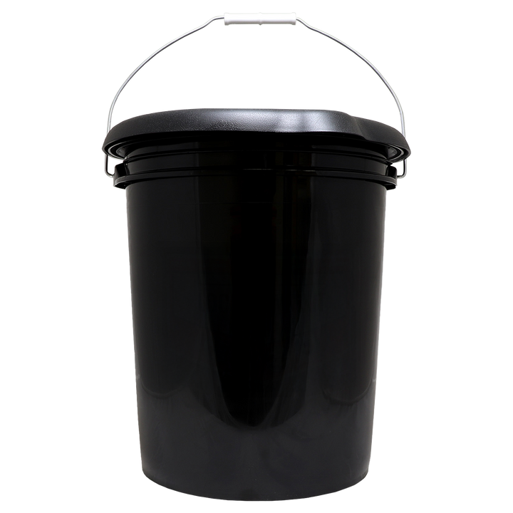 Black bucket camping toilet bucket with a handle on a white background