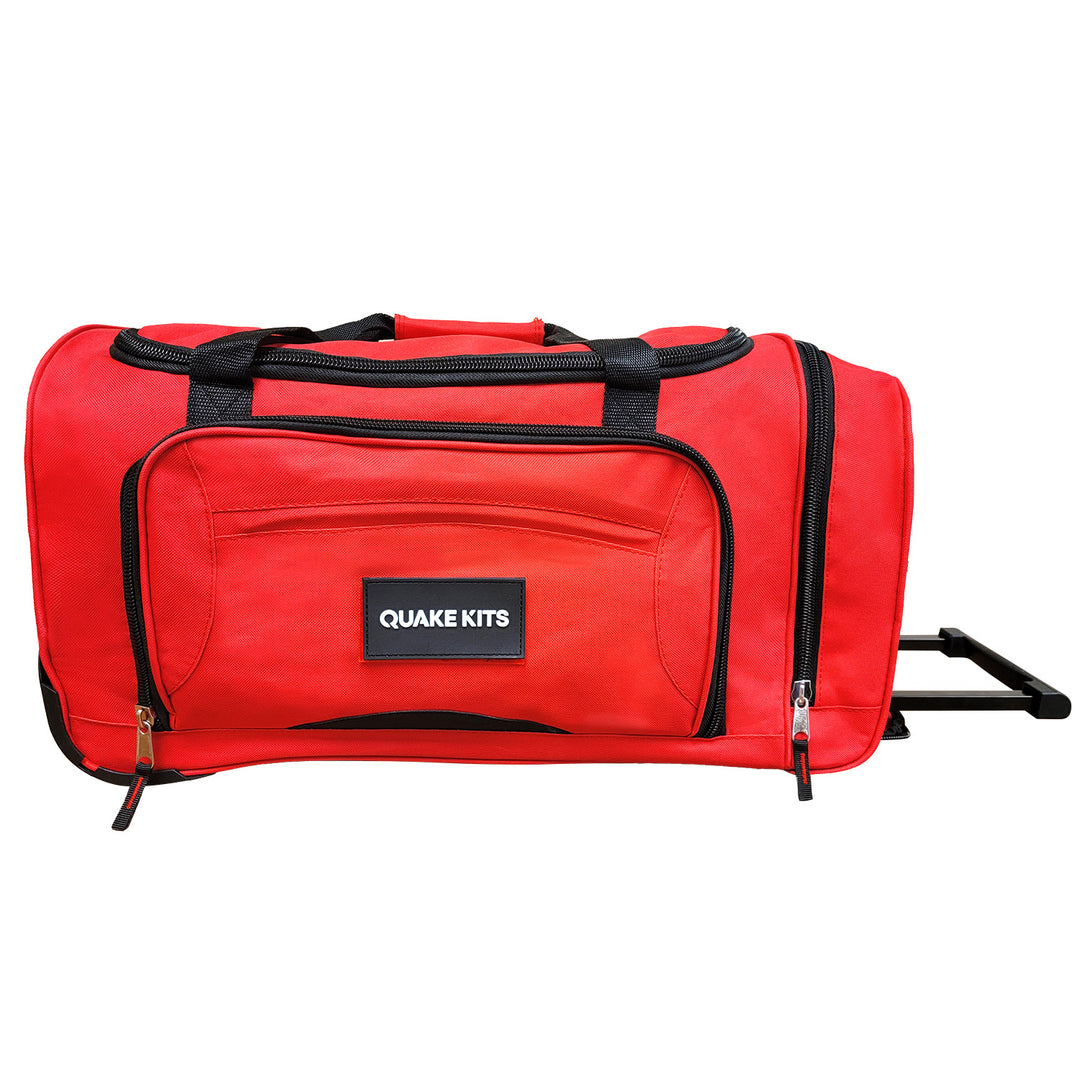 Quake Kits branded rolling wheel bag with handle and multiple compartments