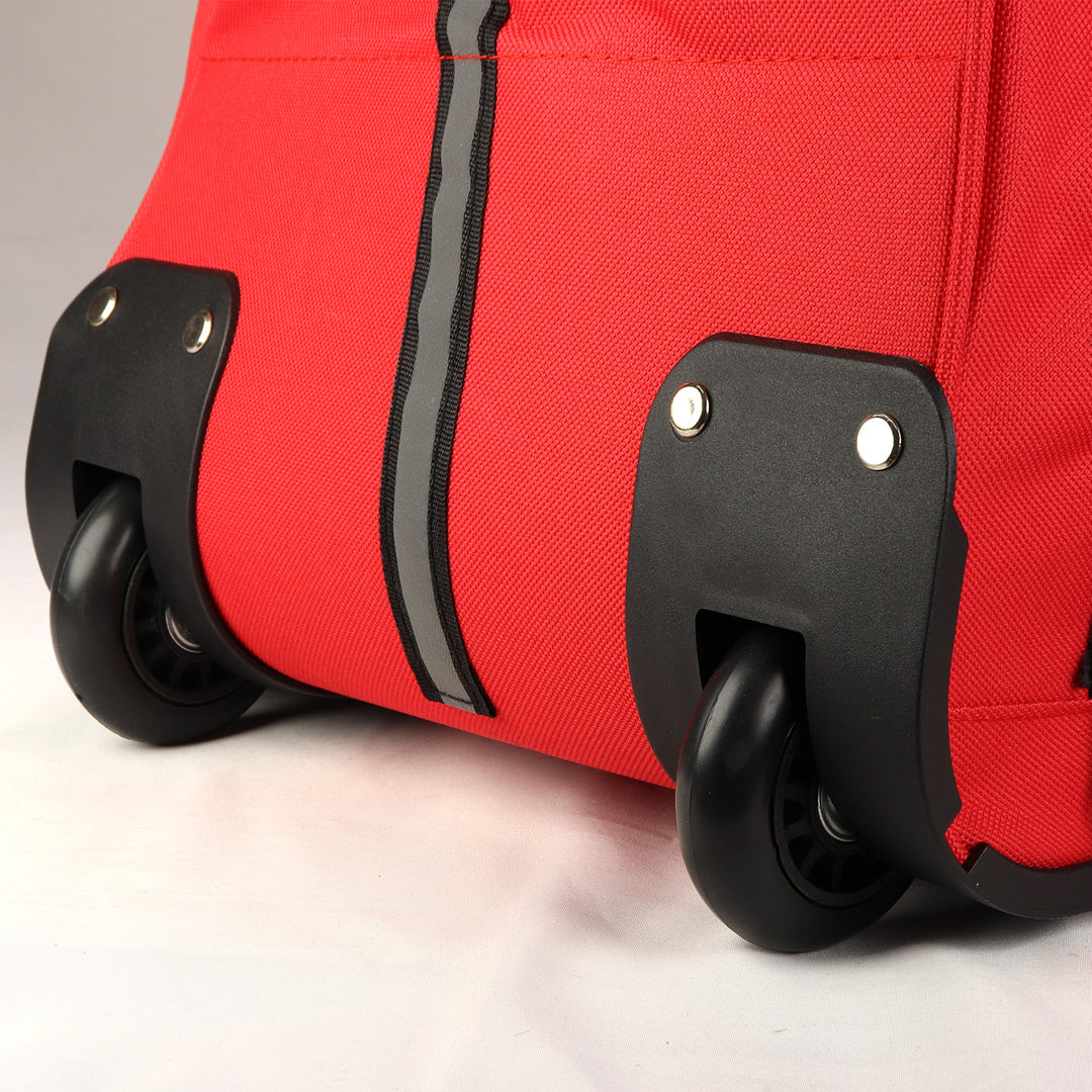 up close image of durable wheels on rolling duffel bag with reflective stripe. 