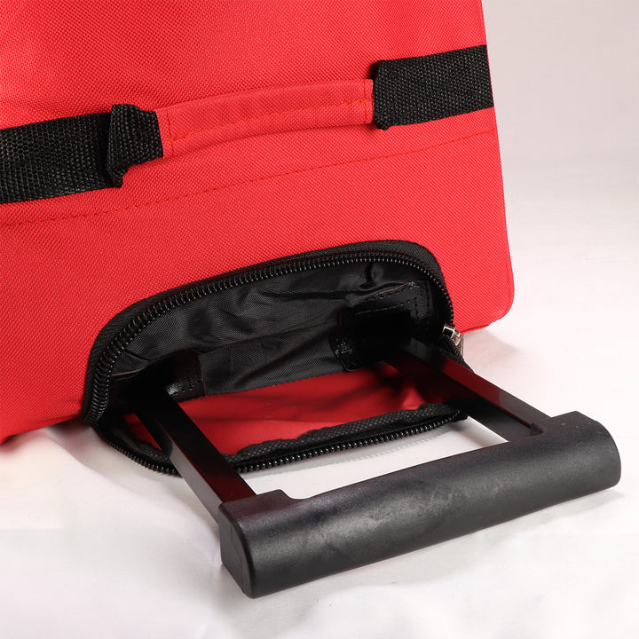 Duffle bag with wheels showing telescoping handle compartment. 