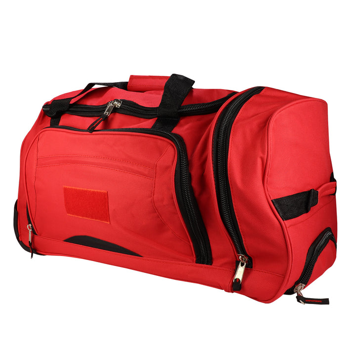 Side profile of rolling wheel bag in "ready for anything" red.