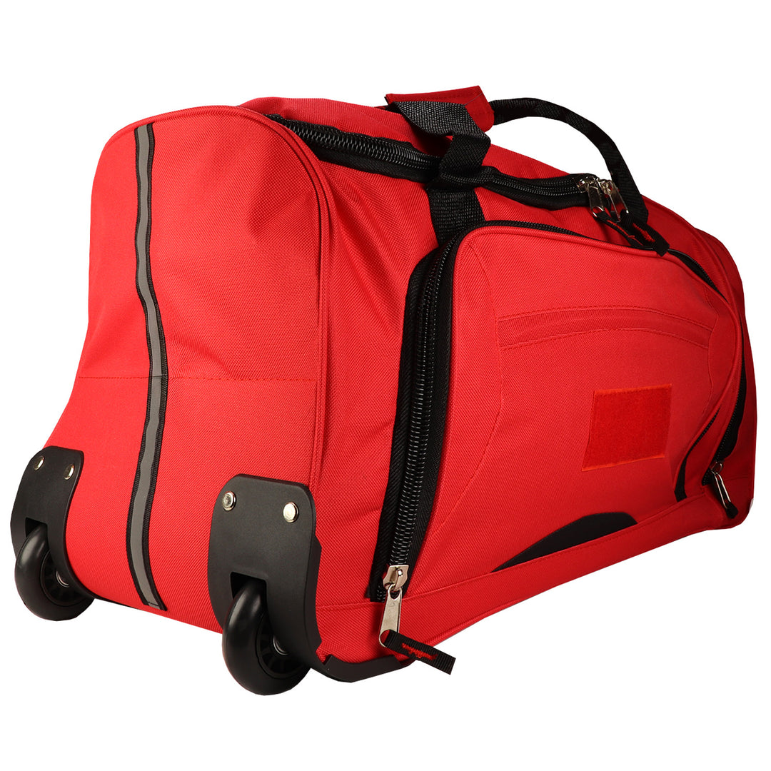 Side profile of red wheel bag with reflective strip. 