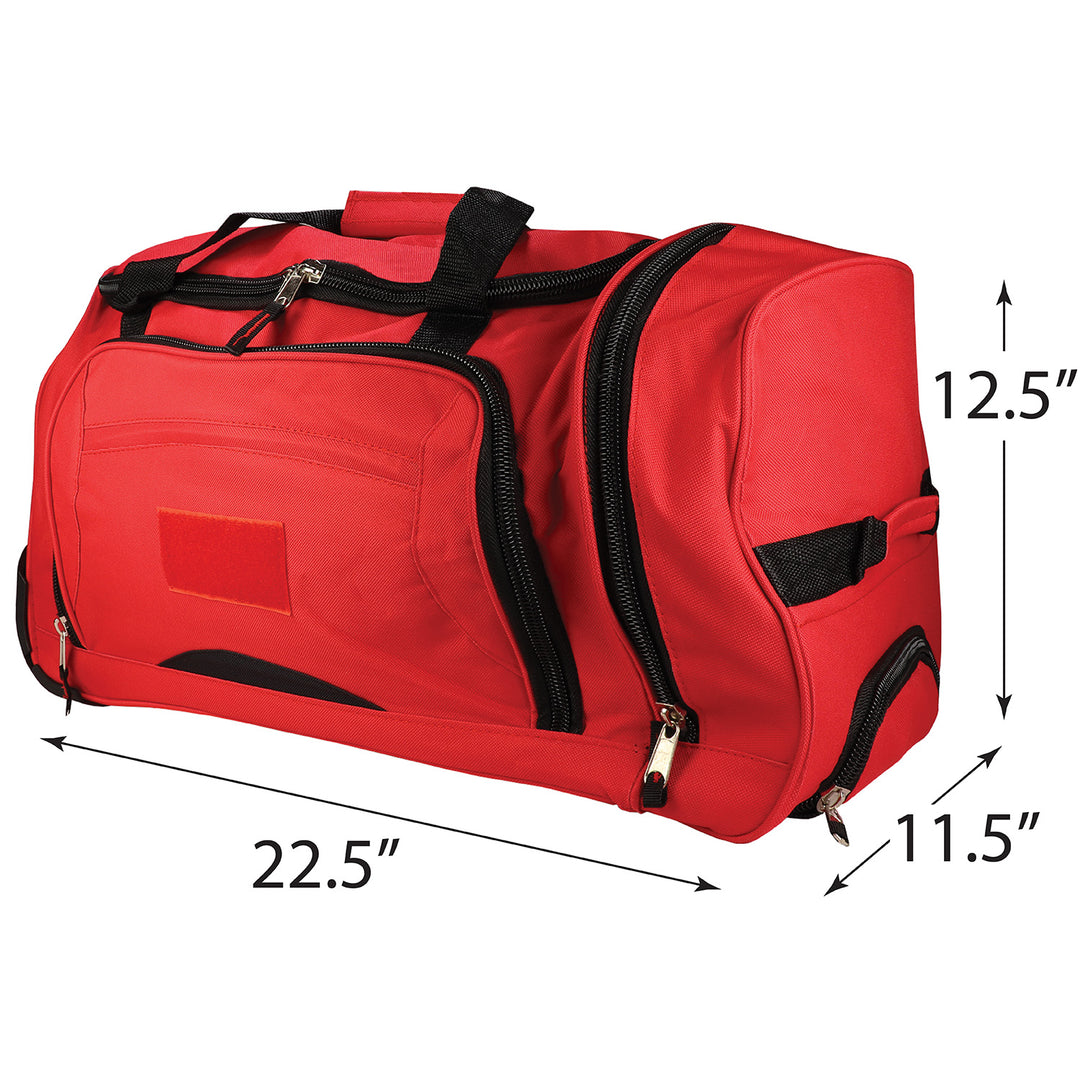 Image showing the dimensions of the red wheel bag at 22.5" by 11.5" by 12.5"