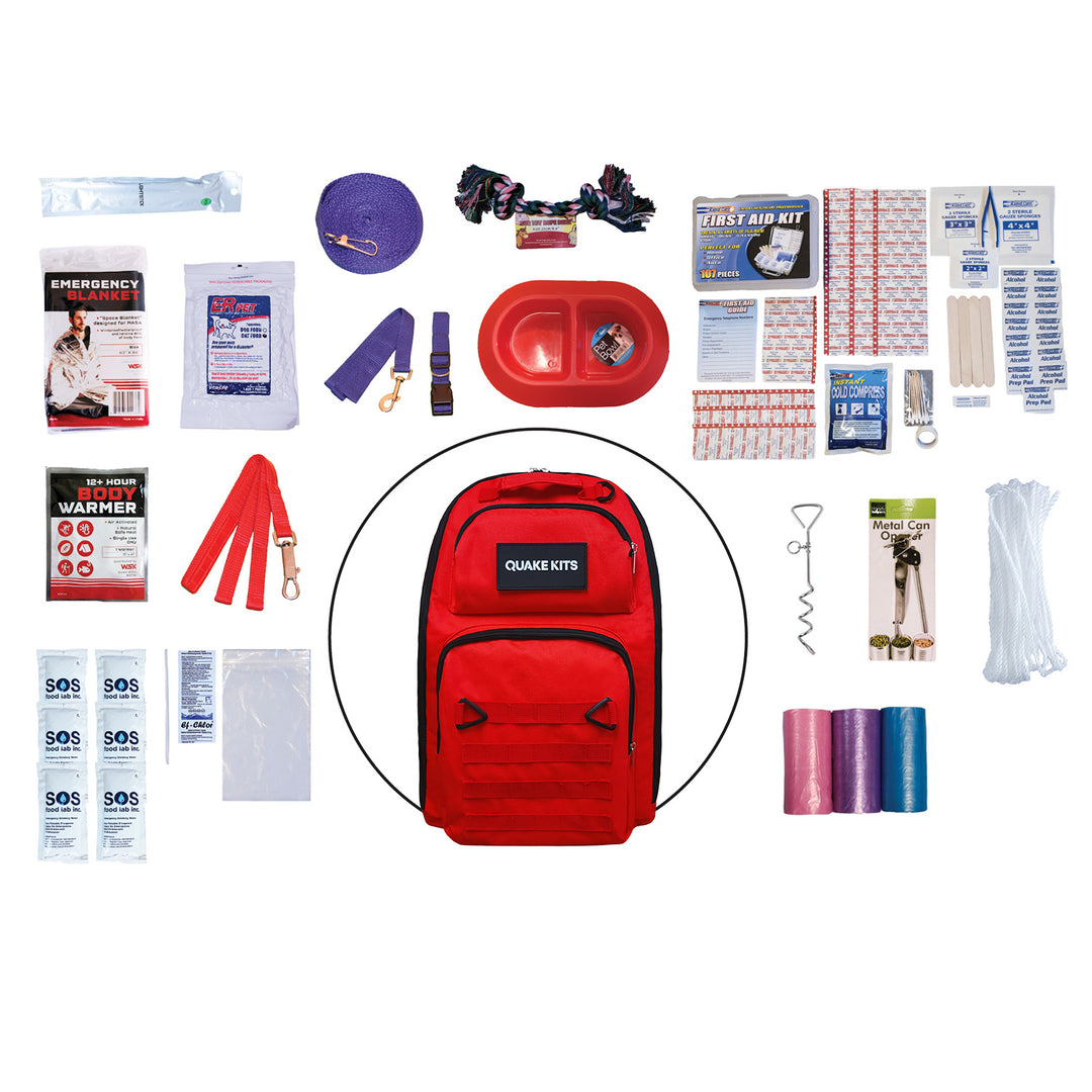 Dog Survival Kit in Ready For Anything Red. Emergency Dog food and emergency dog supplies. Canine emergency kit for evacuation and civil unrest. 