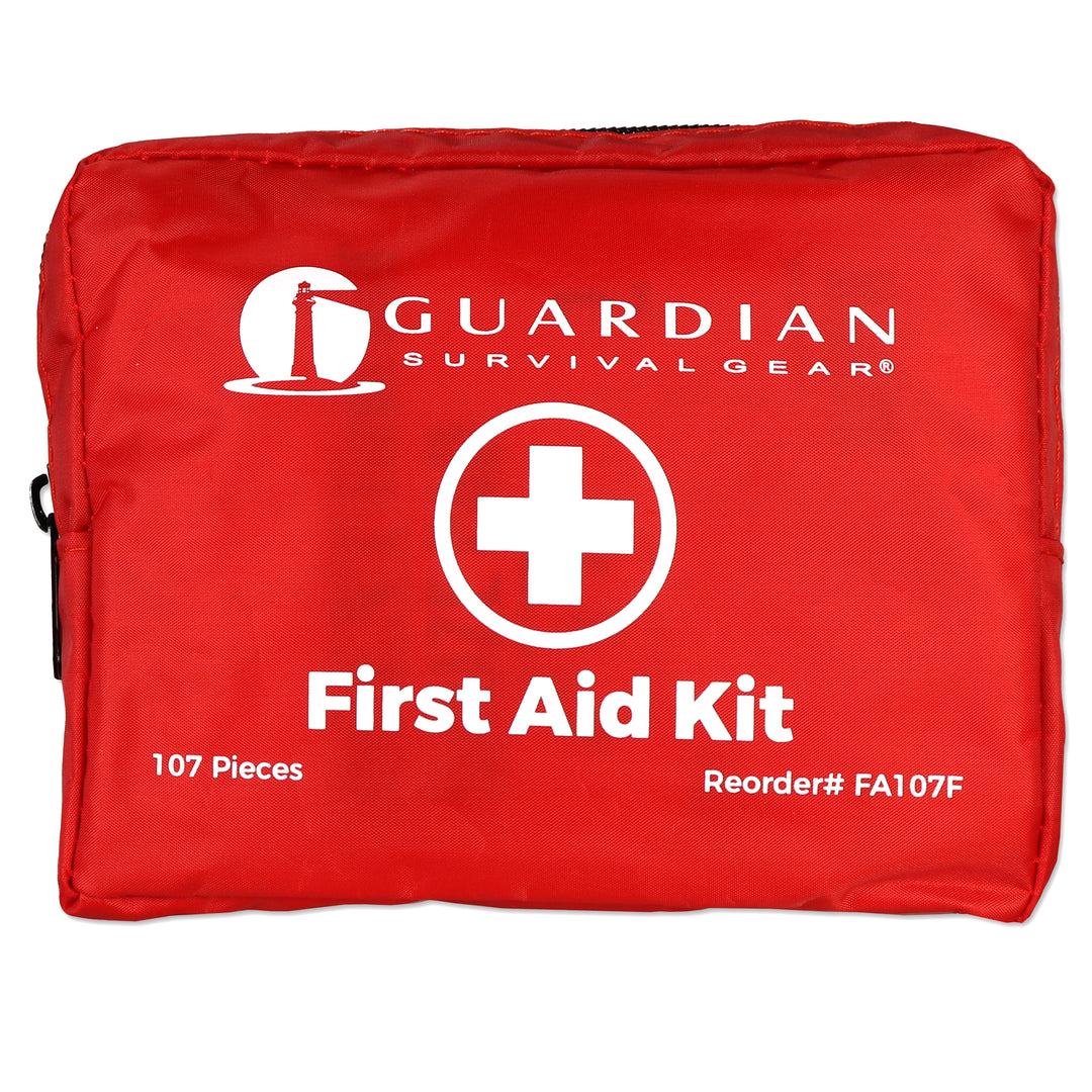107 Piece Soft Case First Aid Kit in red zippered nylon with first aid symbol and branding.