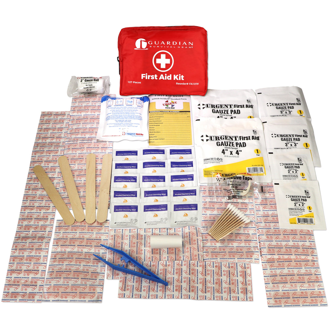107 Piece Soft Case First Aid Kit with various medical supplies including adhesive bandages and gauze pads.