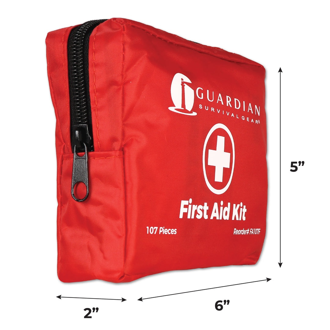 107 Piece Soft Case First Aid Kit in sturdy red nylon, dimensions 6" x 2" x 5" with secure zippered closure.