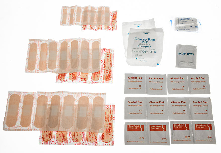55 pc reusable portable travel first aid components that go in a waterproof bag