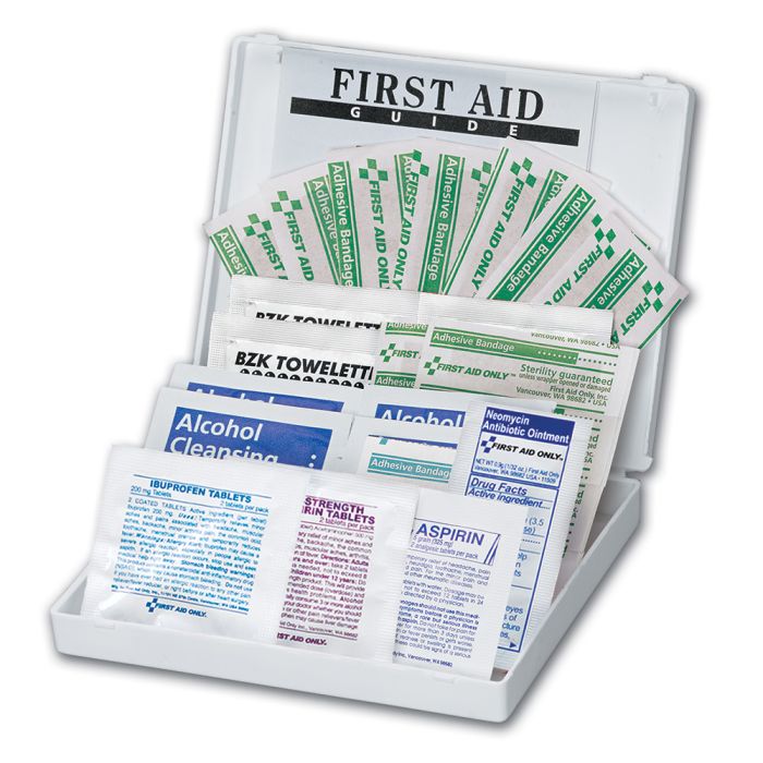 first aid kit with medicine, bandages and alcohol wipes
