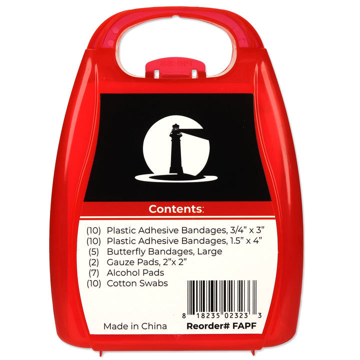Red 44 piece first aid kit with black label on a white background