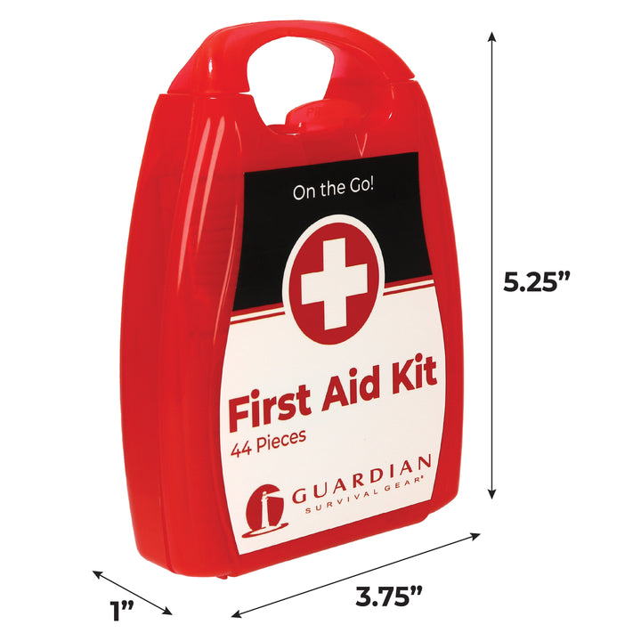 Red  affordable first aid kit with dimensions labeled on a white background