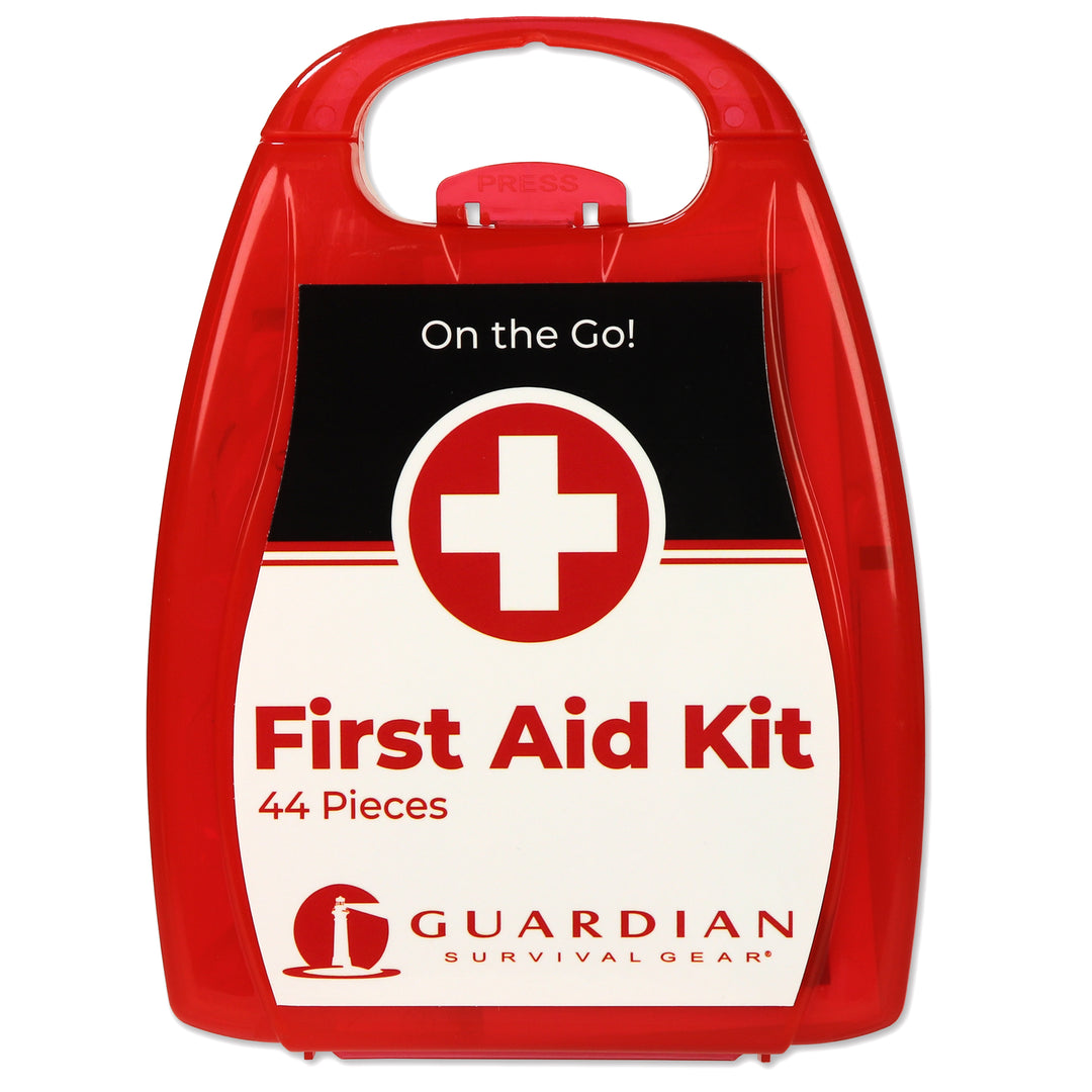 Red first aid kit with 'Guardian Survival Gear' branding on a white background. Reusable hard case mini first aid kit