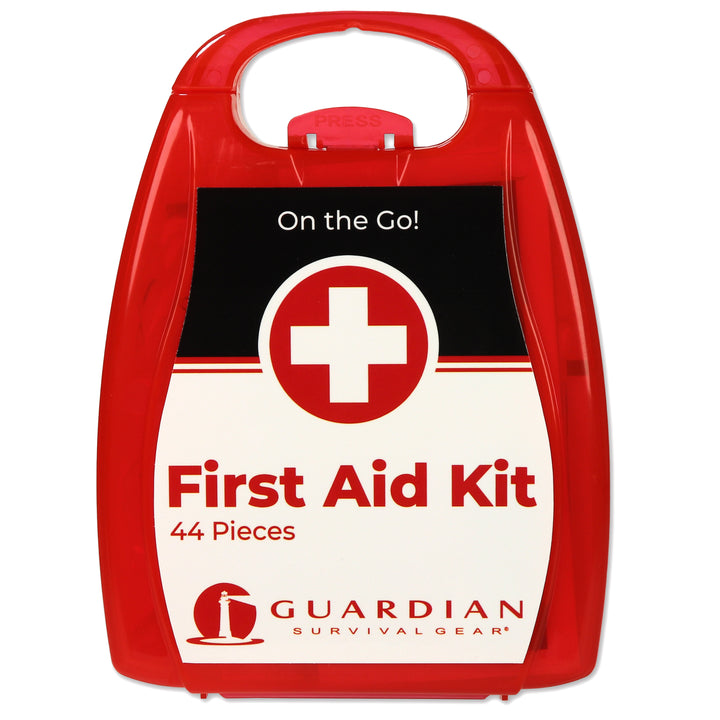 Red first aid kit with 'Guardian Survival Gear' branding on a white background. Reusable hard case mini first aid kit