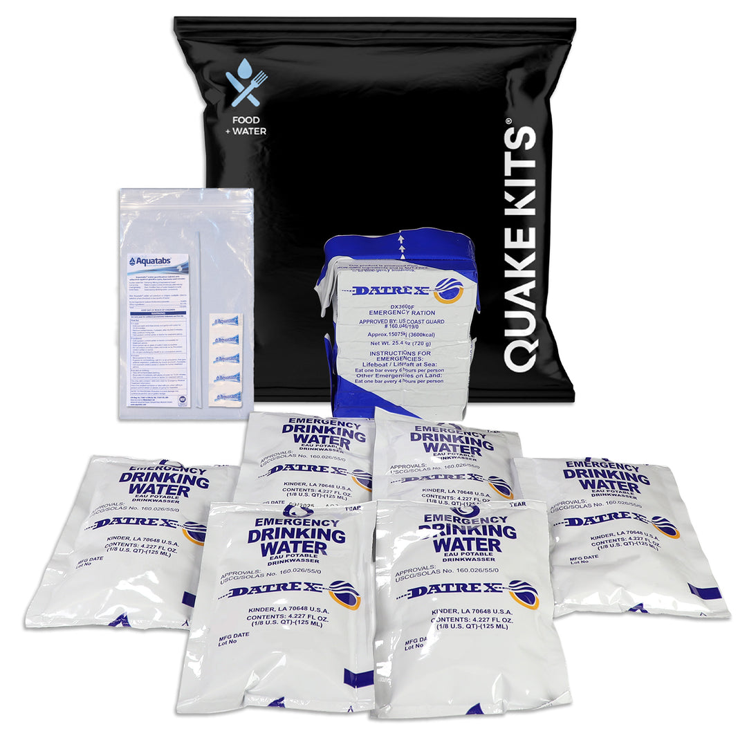 Waterproof food and water kit with purification tablets