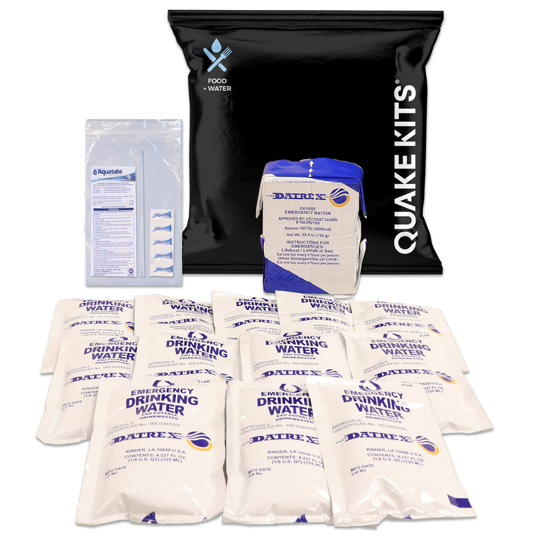 Food and water survival pack with 3600 calorie bar and 12 water pouches plus purification tablets