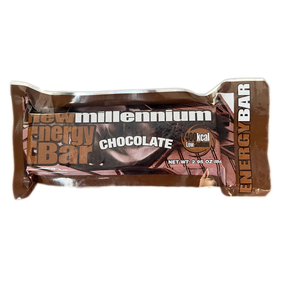 Chocolate flavored energy and survival bar. Emergency food ration New Millennium bar. 