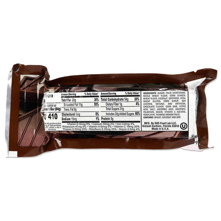 Chocolate new millennium energy bar with a nutrition label on a white background