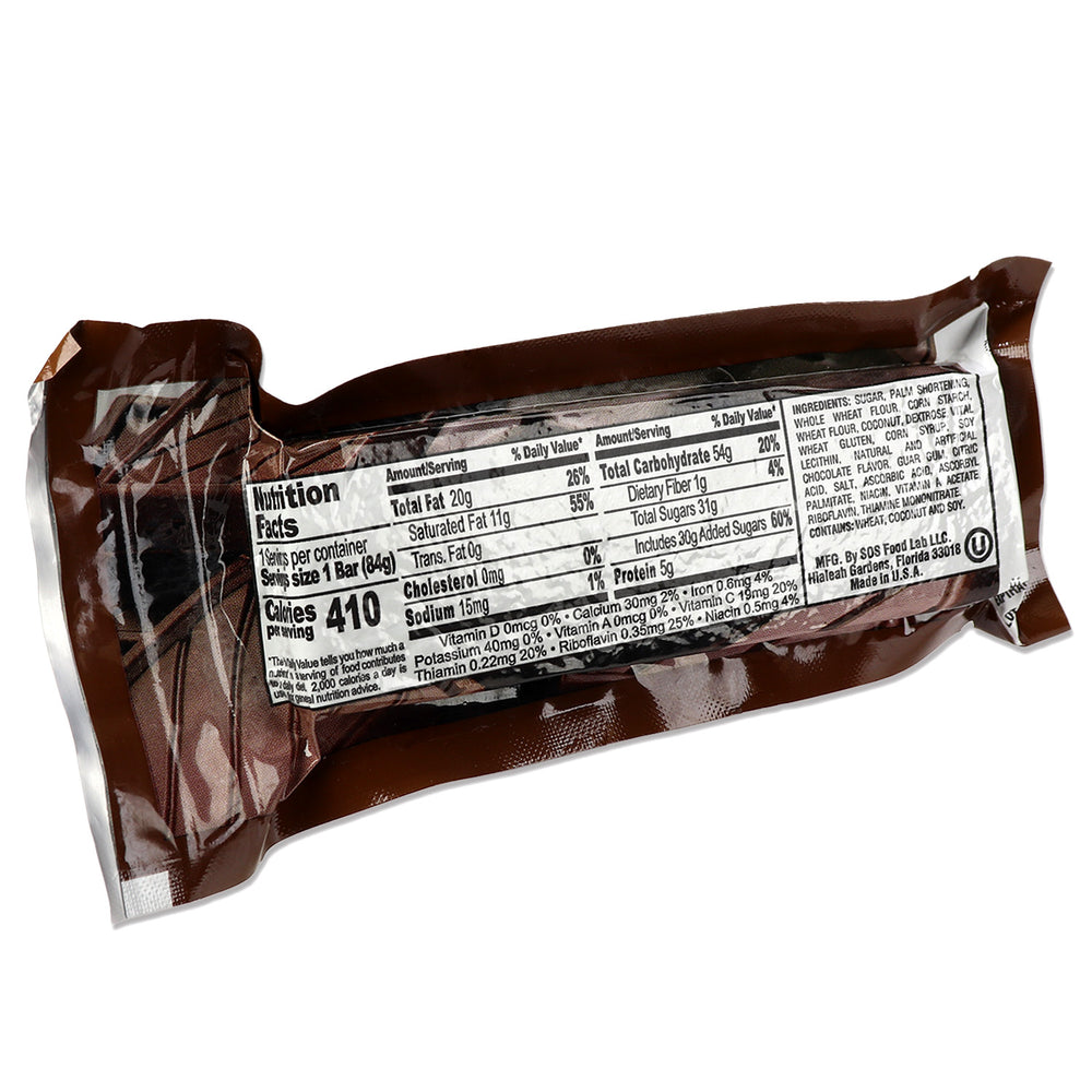 Chocolate New Millennium bar with a nutrition label on a white background