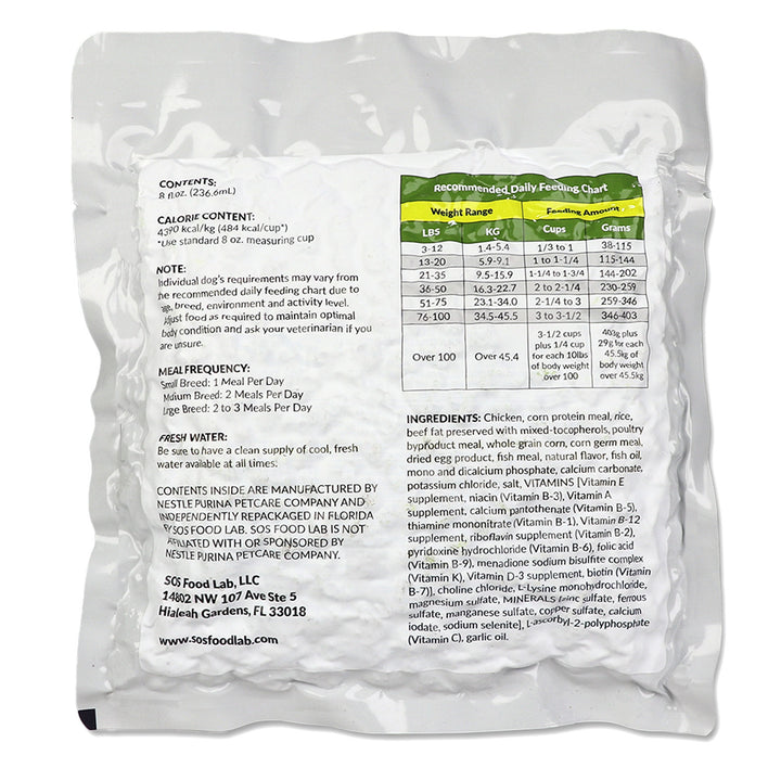 Emergency dog food package with ingredients and serving size instructions. 