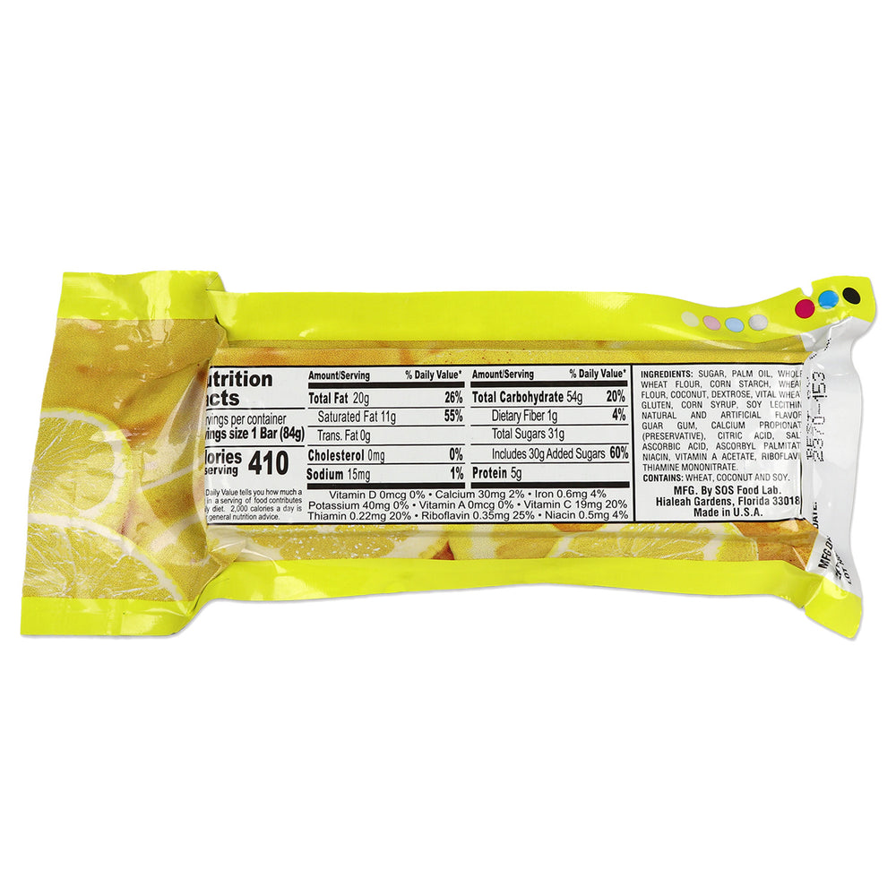 lemon snack energy bar package with nutritional information on a white background