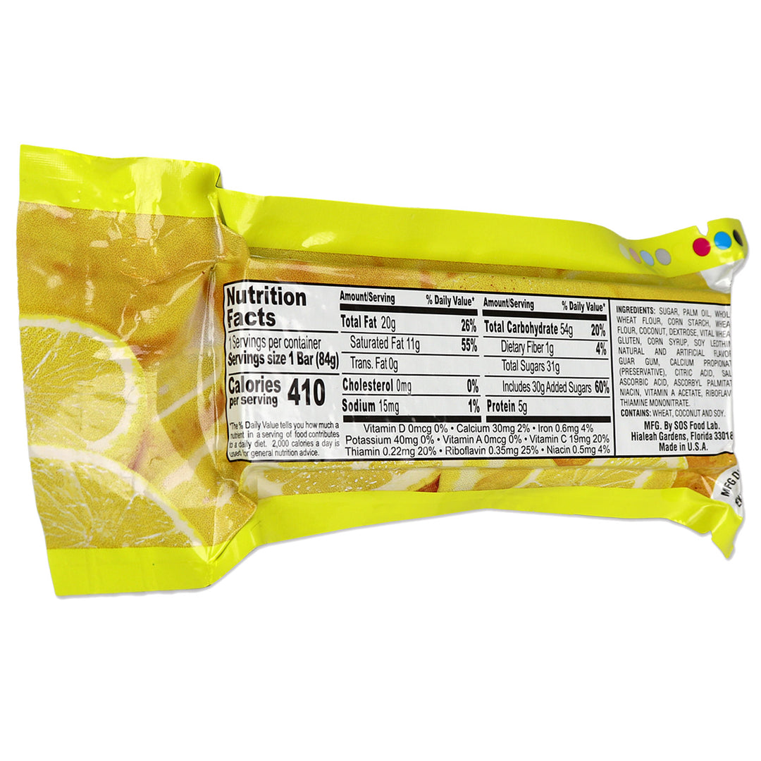 lemon flavored millennium snack bar package with nutrition facts label on a white background
