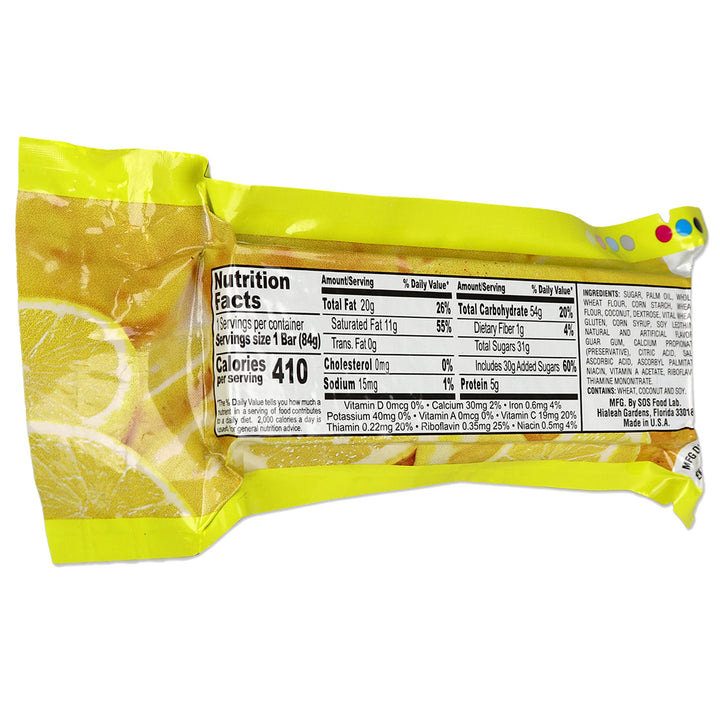 lemon flavored millennium snack bar package with nutrition facts label on a white background