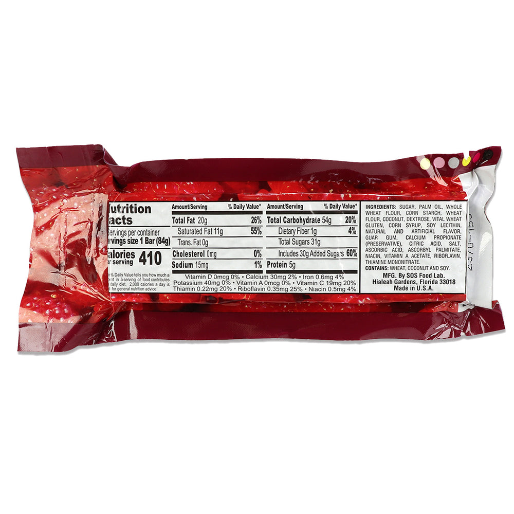 Red raspberry New Millennium bar package with nutrition label on a white background