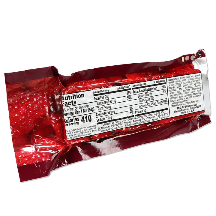 Red raspberry New Millennium energy snack bar package with nutrition label on a white background