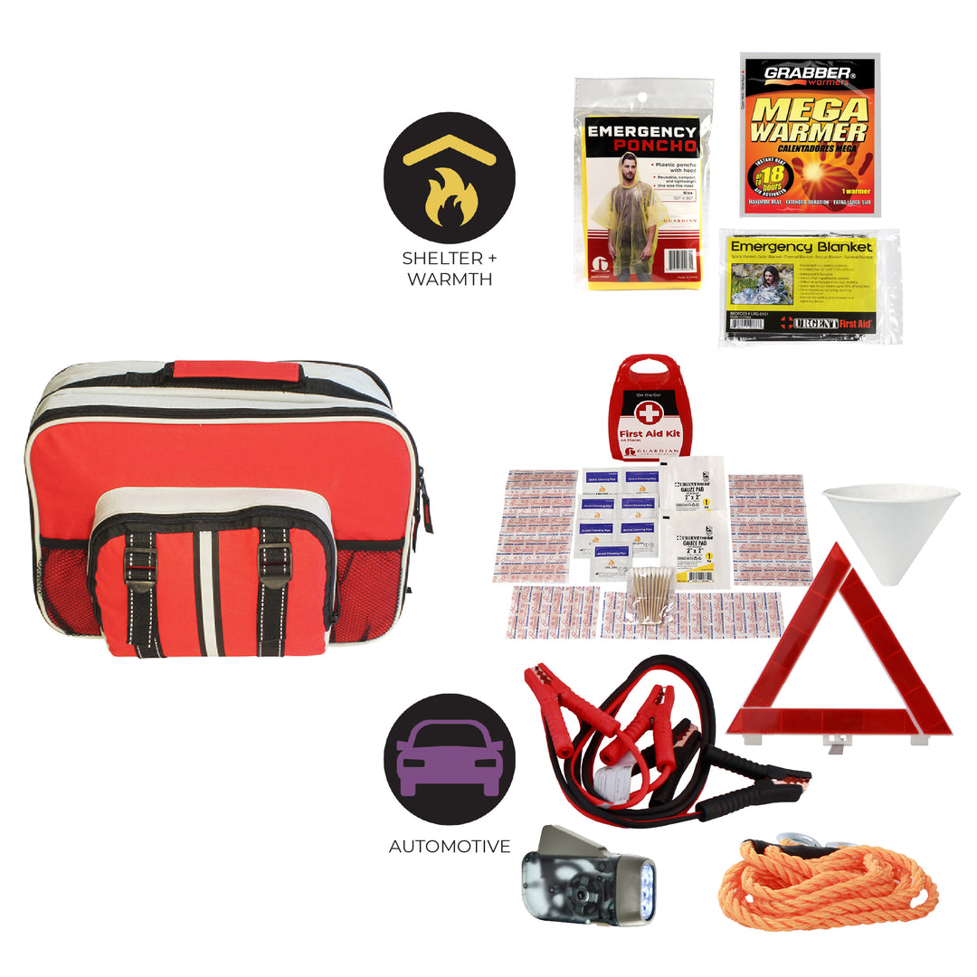 Collection of emergency survival gear including a red bag, blankets, a car jack, and warning triangle on a white background. #kit-1