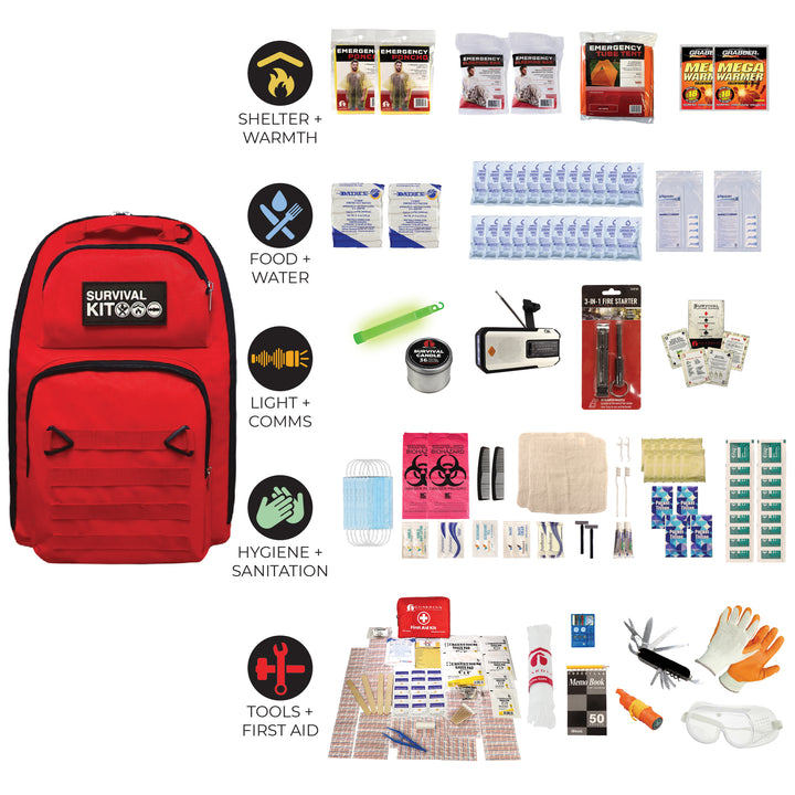 Red Quake Kits completely prepared survival kit backpack with various survival items displayed on a white background #kit-2-3