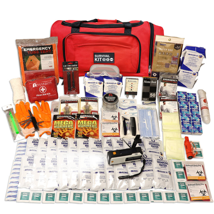 2 person 7 day completely prepared survival and disaster kit in rolling wheel bag for easy transportation surrounded by emergency preparedness tools #kit-2-7